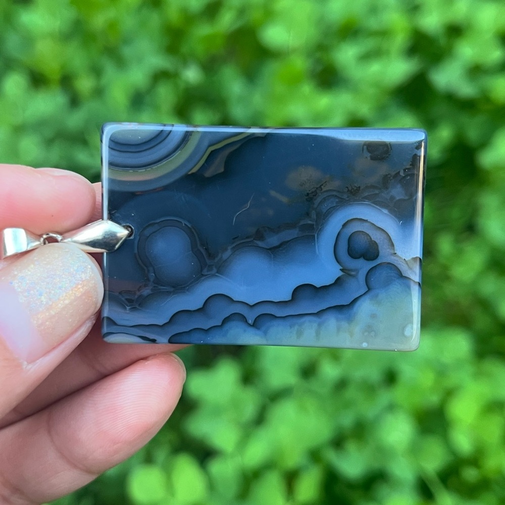 Sterling silver 925 stamped black banded agate pendant 1324